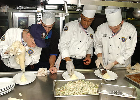 four male chefs baking inside kitchen, culinary, cooks, helpers HD wallpaper