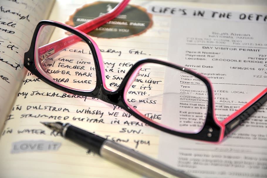 visual diary, writing down, keep record, paper, eyeglasses HD wallpaper