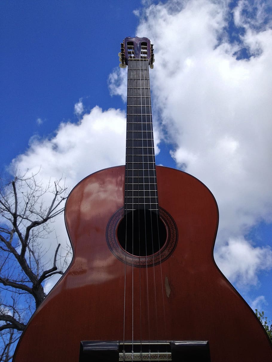 guitar, clouds, music, string instrument, musical instrument HD wallpaper