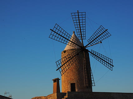 low-angle photo of windmill under clear blue sky, mallorca HD wallpaper