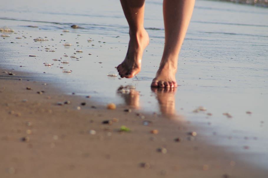 person walking on seashore during daytime, movement, feet, run, HD wallpaper