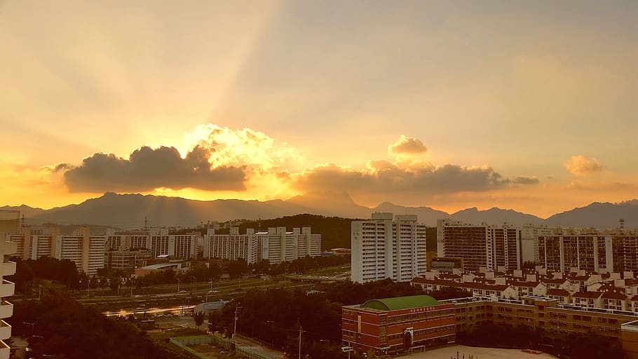 sky, glow, light, sunset, city, building exterior, cloud - sky HD wallpaper