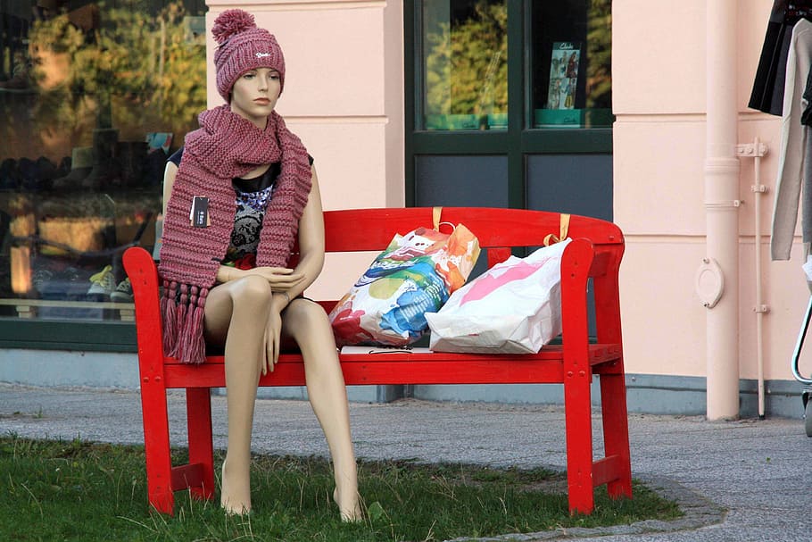 female mannequin on red bench, display dummy, bank, doll, poland, HD wallpaper