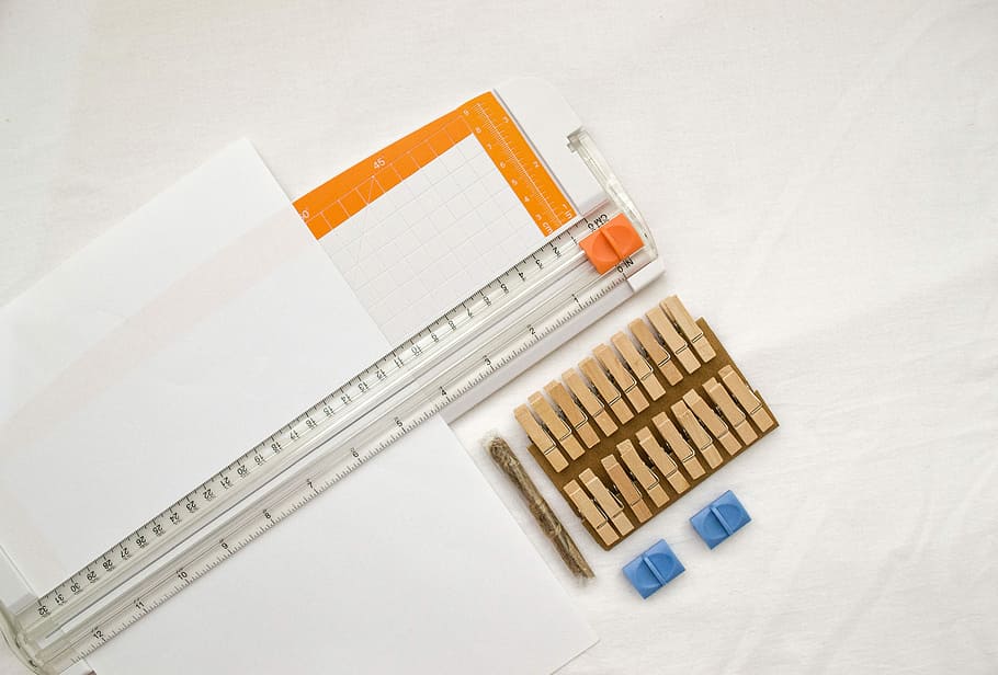 clear acrylic ruler on white paper, clear plastic ruler and brown clips HD wallpaper