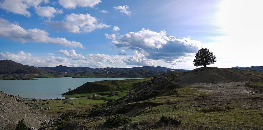 panoramic, nature, landscape, sky, water, panorama, horizontal plane HD wallpaper