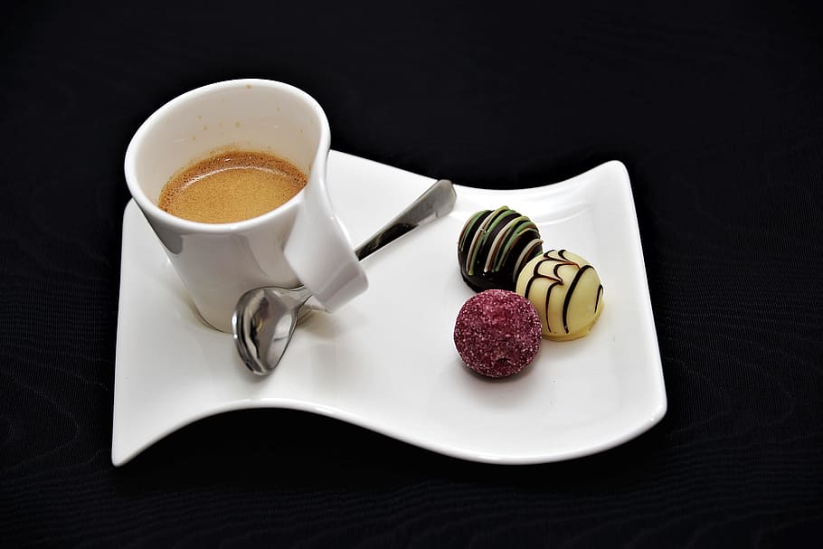 white ceramic teacup with coffee and pastries on top of ceramic dish HD wallpaper