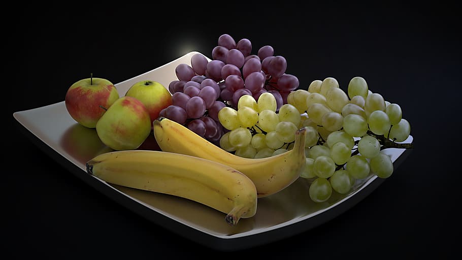 banana, grapes and apples on plate, fruit, shell, metal shell HD wallpaper