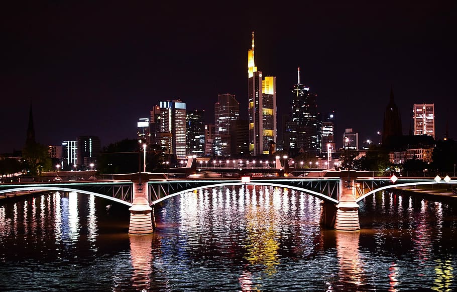 lighted building and bridge cityscape, frankfurt, germany, night HD wallpaper