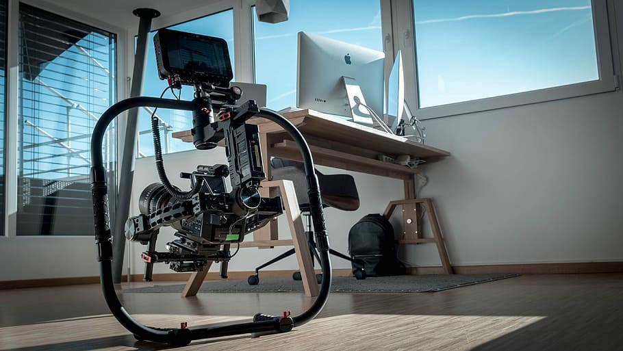 Cinematography, black studio camera on floor, equipment, computer HD wallpaper
