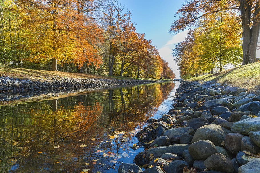 autumn, canal, fall, landscape, nature, outdoors, park, river HD wallpaper