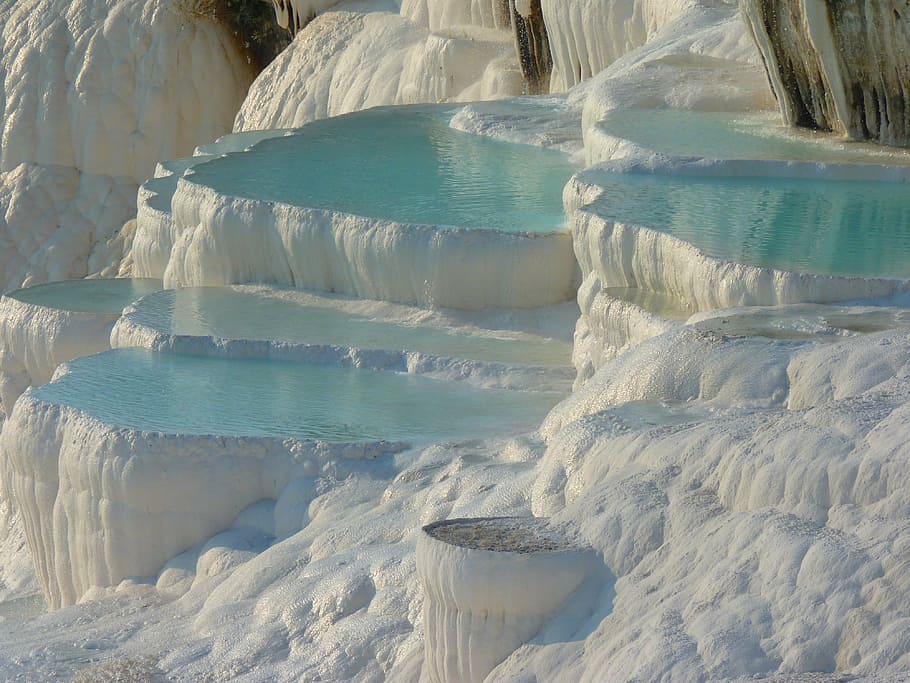 photography body of water covered with snow, pamukkale, lime sinter terrace