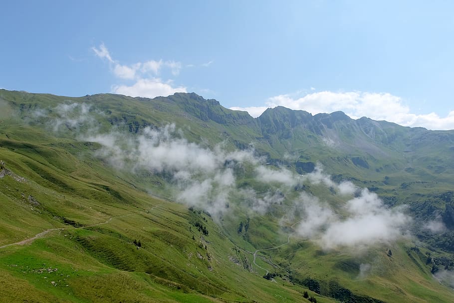 mountain, view, landscape, hillside, nature, path, trail, hiking HD wallpaper