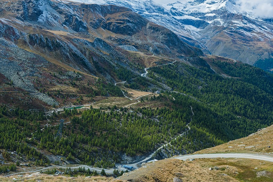 aerial photography of mountain during daytime, tree and soil covered hills and field HD wallpaper