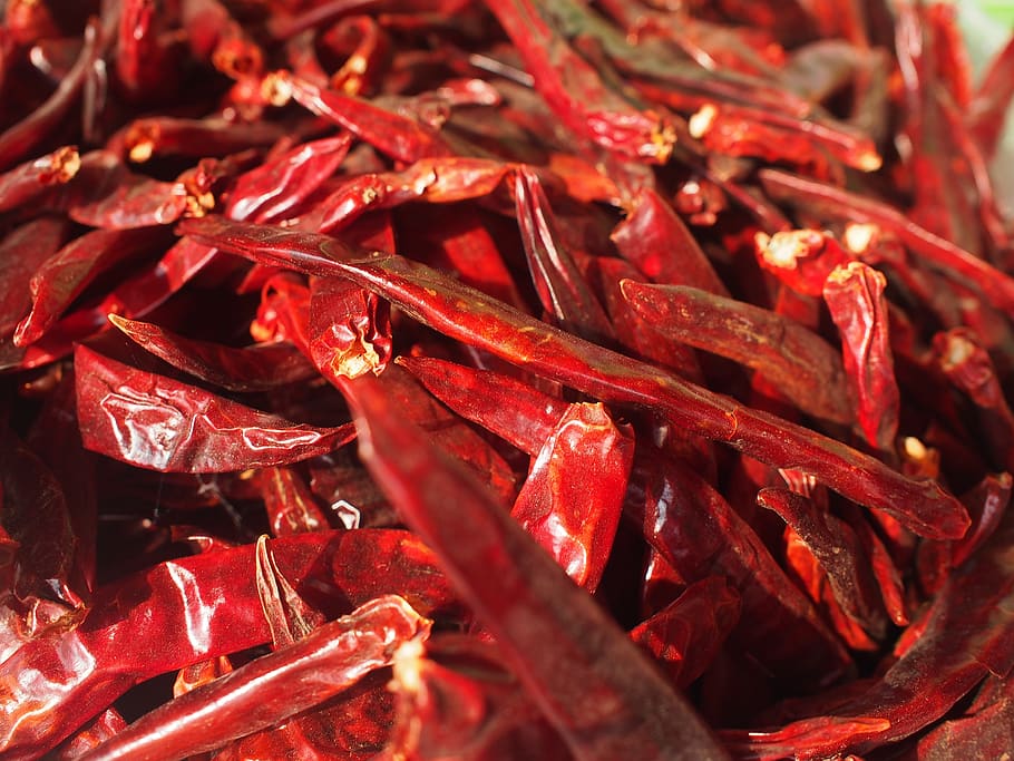 chilli, dried peppers, chili, red, food and drink, spice, close-up HD wallpaper