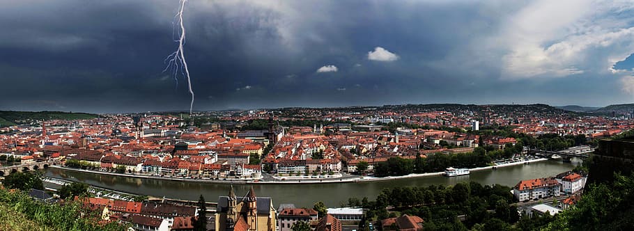 fisheye photography of lightning hits on village, Würzburg, Panoramic Image