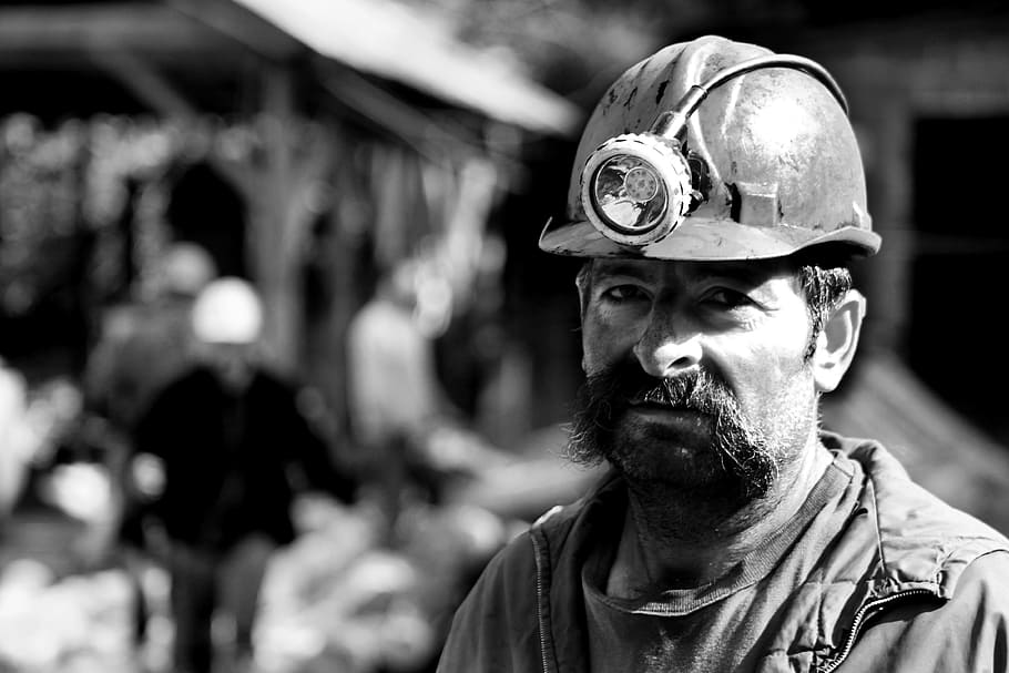 grayscale photography of man wearing hard helmet, miner, helmets HD wallpaper