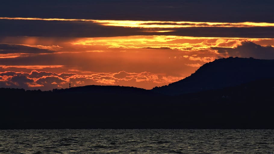 silhouette of mountain during golden hour, lake balaton, sunrise, HD wallpaper