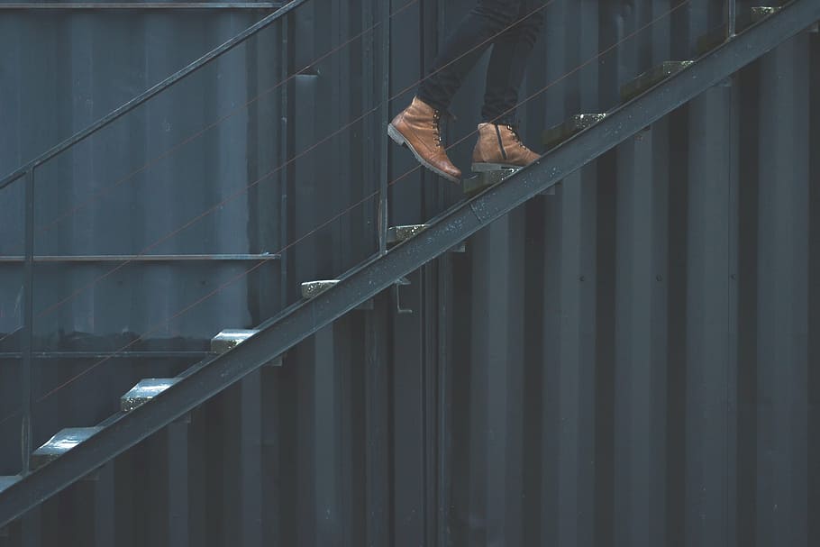 person walking on stairs, black, steel, still, minimalist, baluster HD wallpaper