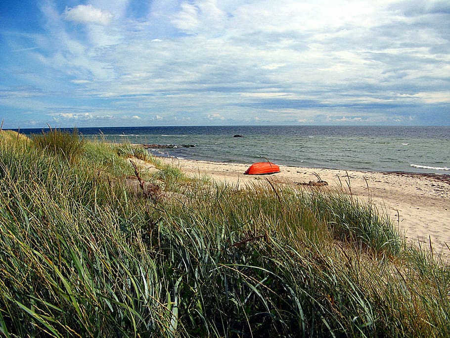 beach, sea, lonely, denmark, baltic sea, boot, water, grass HD wallpaper