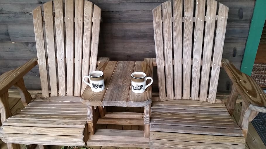 two brown wooden adirondack chairs, mountains, coffee, deck HD wallpaper