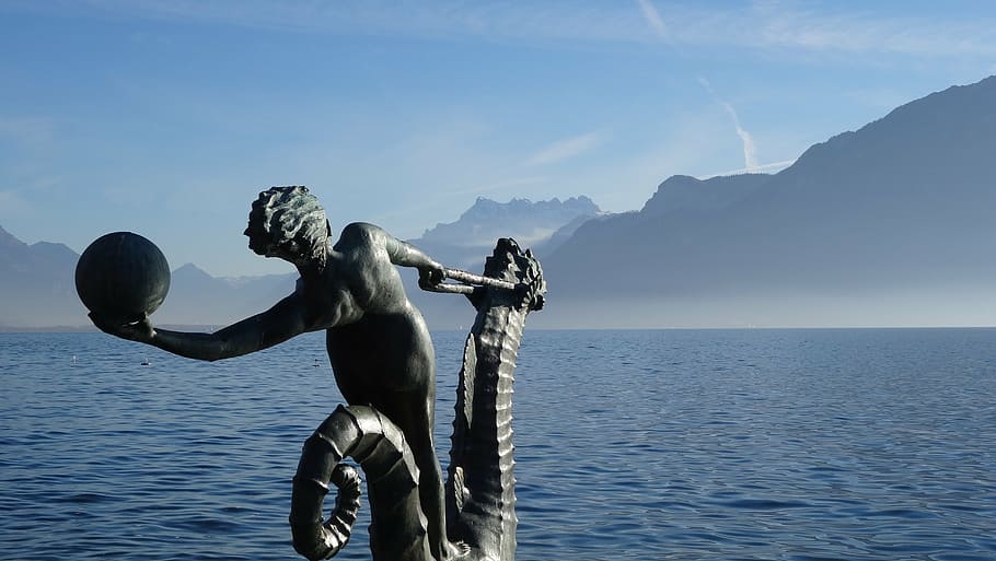 lake, landscape, mountain, statue, switzerland, water, sea HD wallpaper