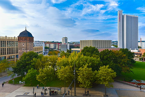 trees near concrete buildings landscape photographu, chemnitz HD wallpaper