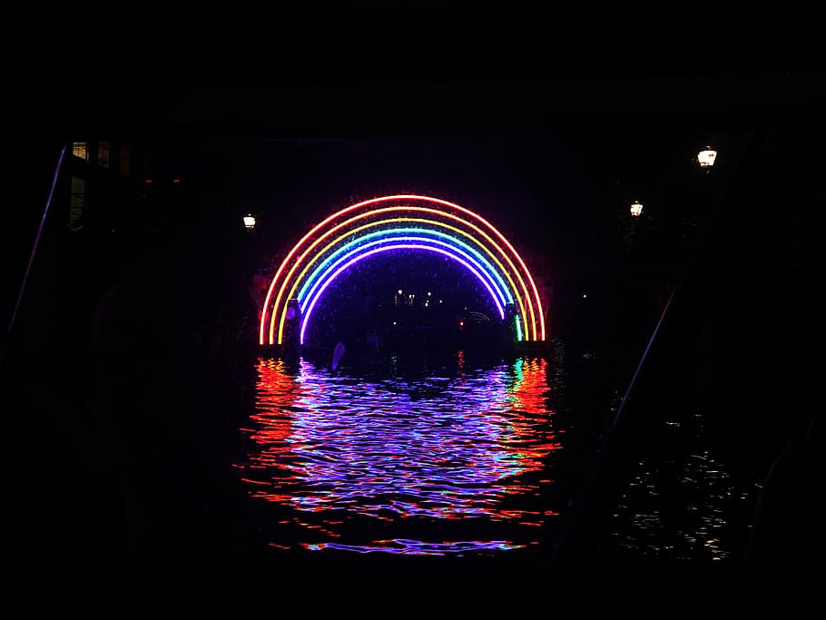 rainbow on the river, arch rainbow neon lights, water, reflection HD wallpaper