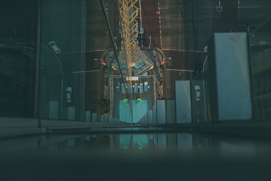 Downtown LA, looking down, reflection, glass, rooftop, modern HD wallpaper