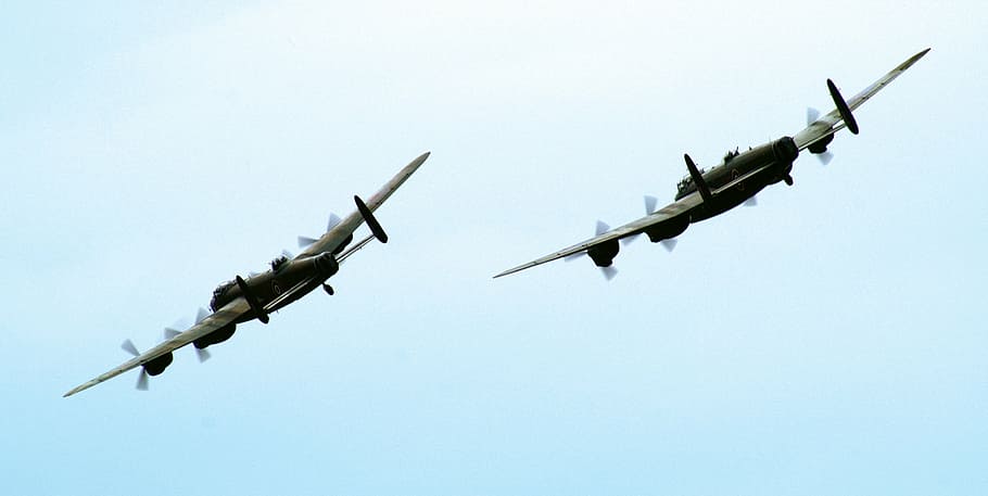 two gray-and-black planes on sky, aeroplane, fly, lancaster, bomber