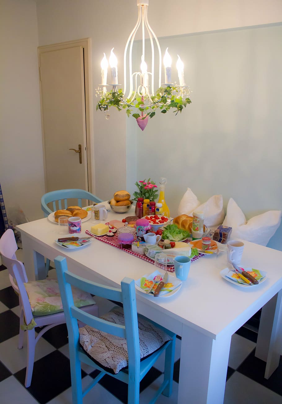table, coffee, chair, break, cake, cup, drink, table decorations HD wallpaper