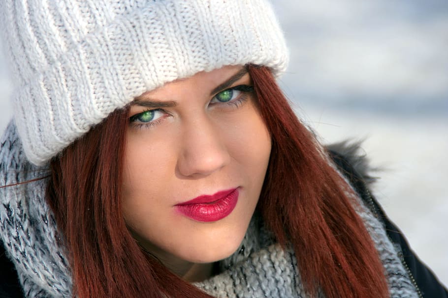 Girl, Green Eyes, Red Hair, Beauty, winter, fashion, women