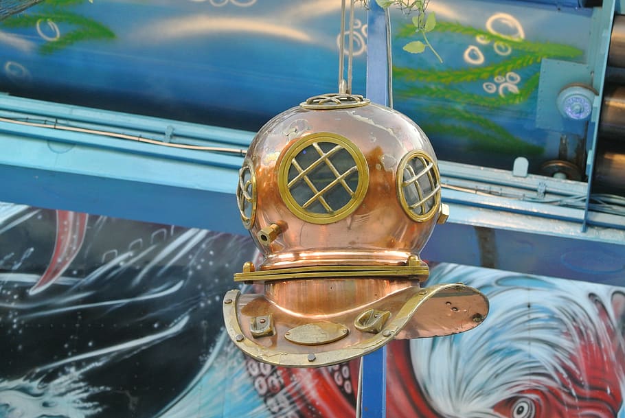 diver, helmet, old, copper, deep sea, mode of transportation HD wallpaper