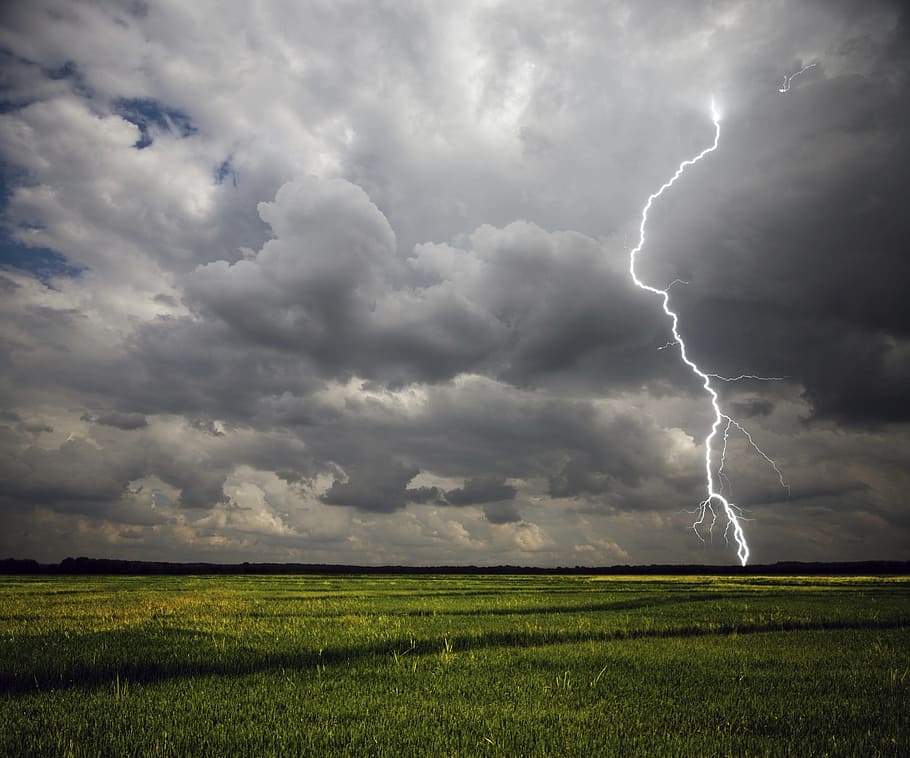 lightning on green field under cloudy sky during daytime, strike
