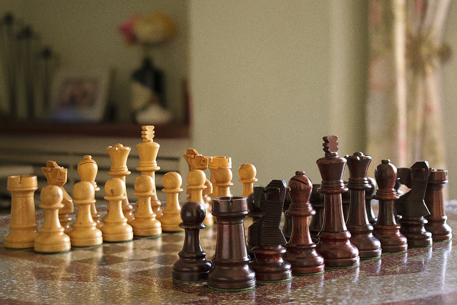 tilt shift lens photography of brown chess set, game, sport, departure