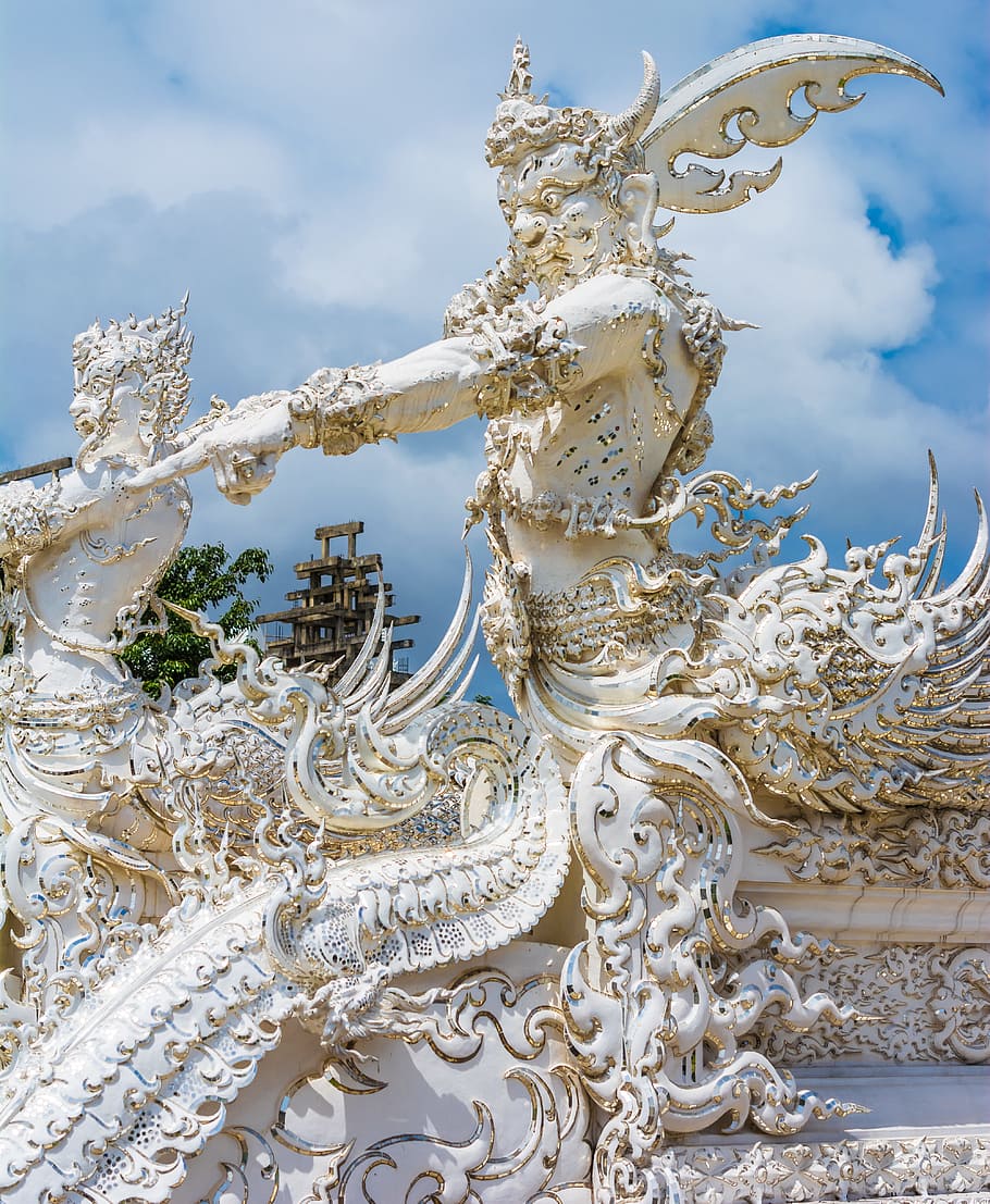 white temple, chiang rai, thailand, asia, stone figure, statue, HD wallpaper