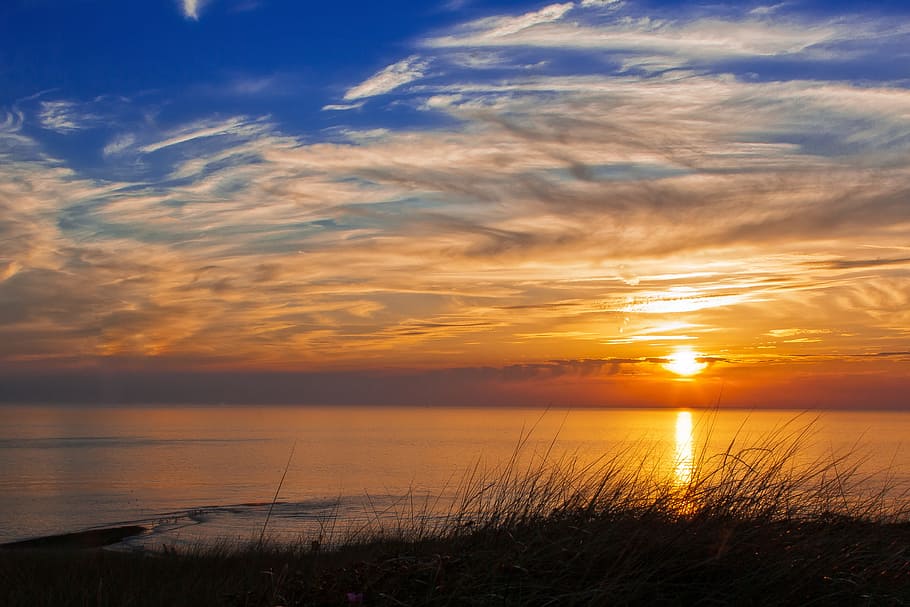ocean during dawn, sunset, evening, sea, summer, holland, beach HD wallpaper