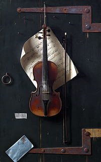 violin with bow hanged on wall, fine art, fiddle, classical HD wallpaper