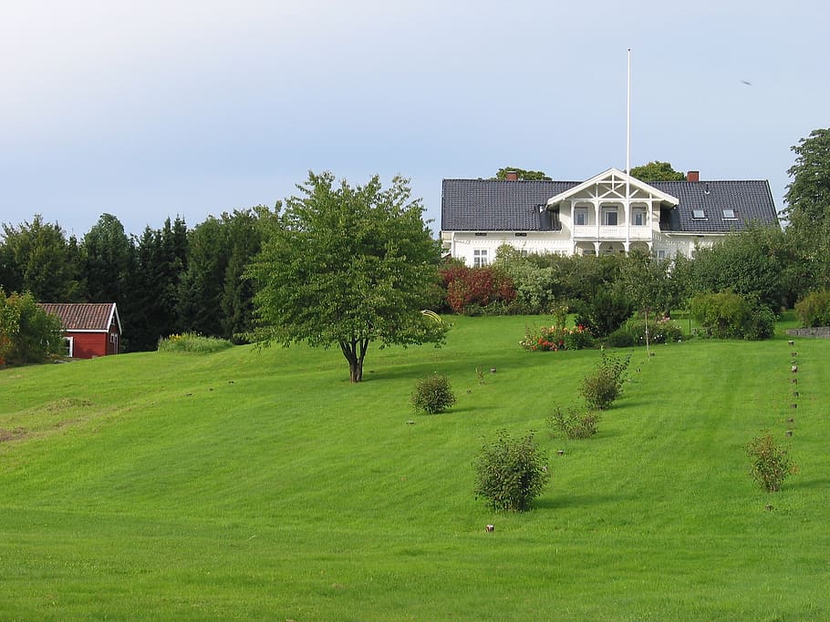 norway, landscape, sky, clouds, house, home, farm, trees, lawn HD wallpaper