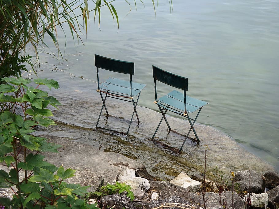 lake, two chairs, togetherness, pair, harmony, for two, water HD wallpaper
