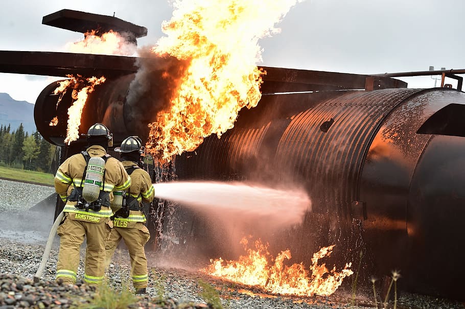 firefighters pointing the water hose to the plane on flame, training, HD wallpaper