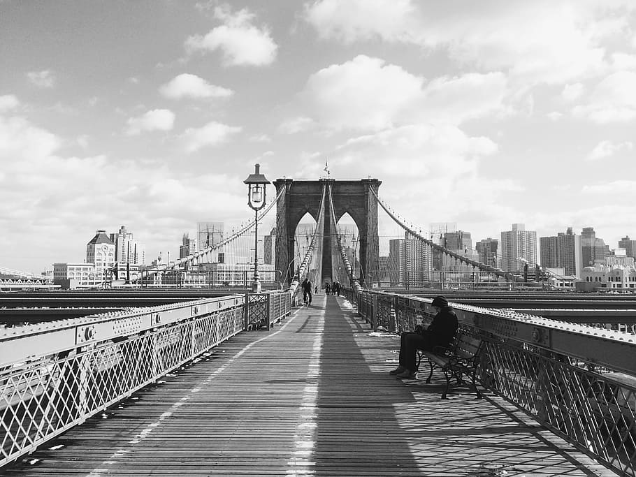 bridge, cityscape, solitude, thought, icon, black and white HD wallpaper