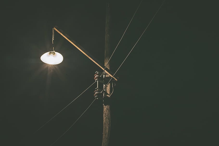 turned-on lamp post, power, lines, light, dark, power lines HD wallpaper