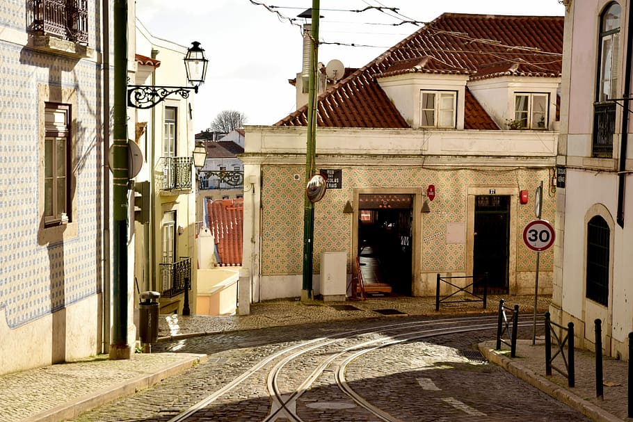 Lisbon, Tram, Sun, Spring, Landscape, downtown, building exterior HD wallpaper