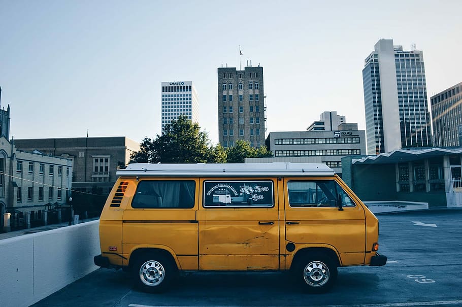 yellow van on parking lot, brown van parked, campervan, volkswagen, HD wallpaper