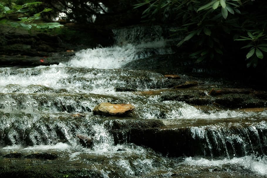 waterfall, mountains, stream, nature, forest, rock, motion HD wallpaper