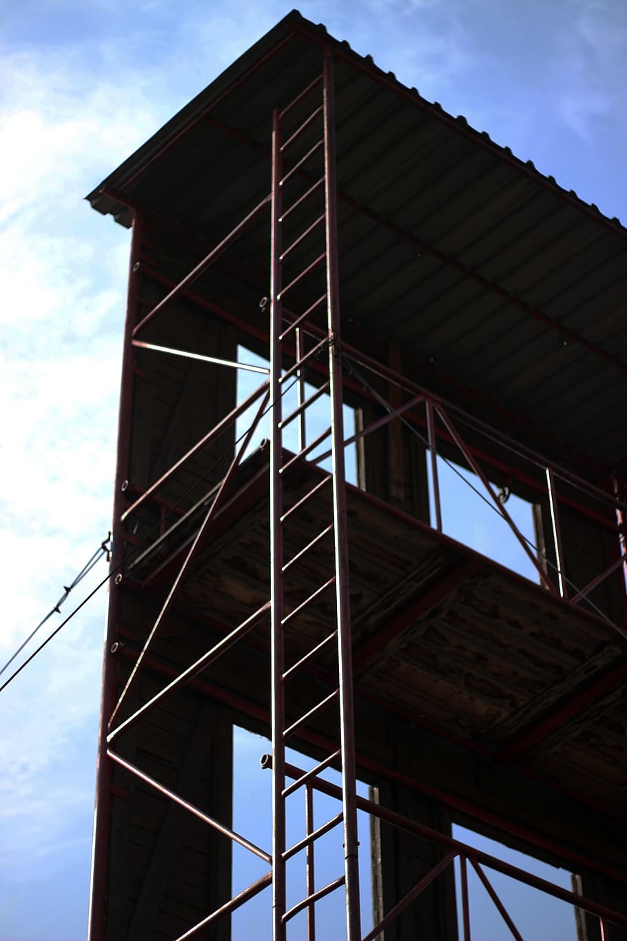 ladder, firefighters, heaven, blue, clouds, sky, sun, light