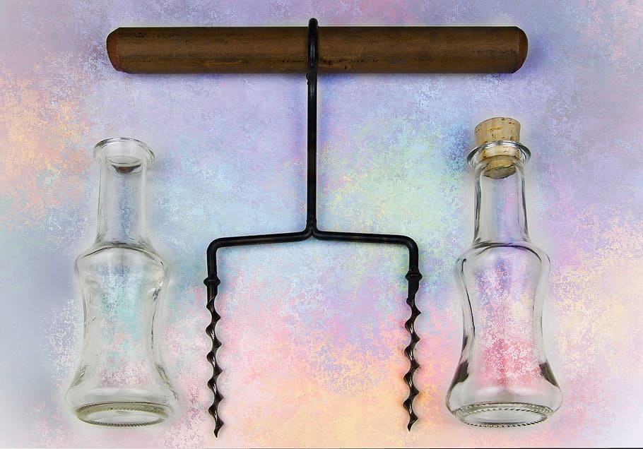 glass, bottle, corkscrew, glasses, still life, art, artwork HD wallpaper
