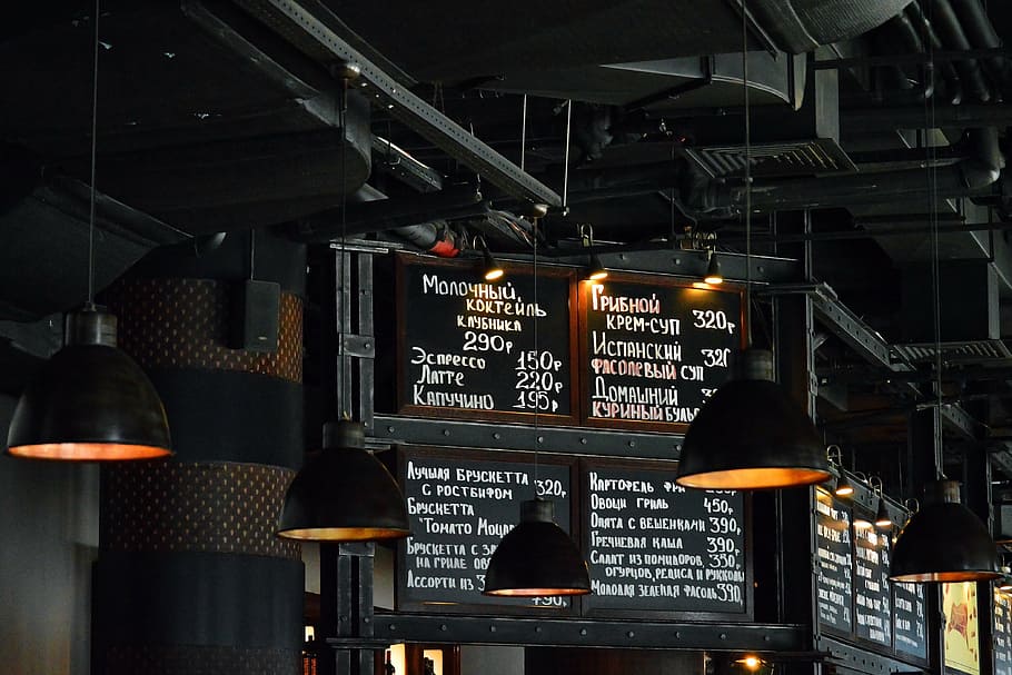 black pendant lamps, restaurant, menu, dark, industrial, design HD wallpaper