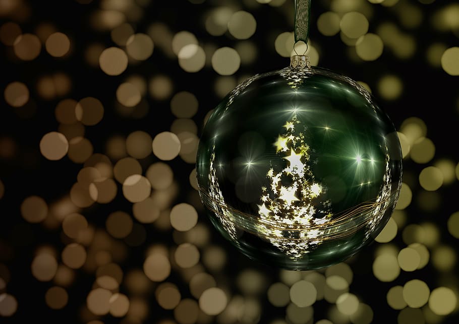 green and gold bauble with bokeh background, tree decorations HD wallpaper