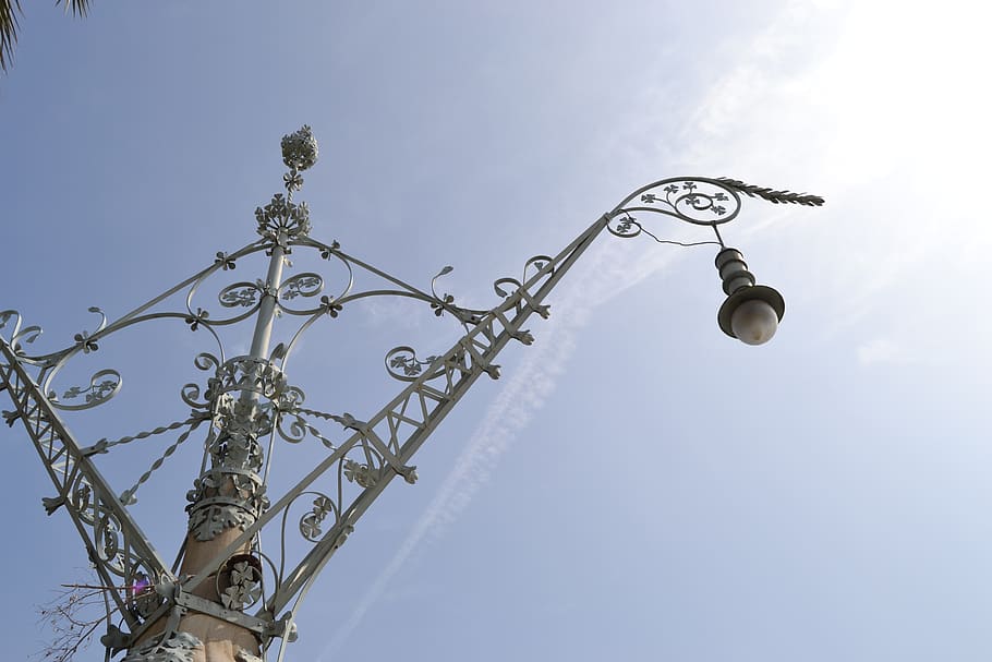 barcelona, streetlight, sun, architecture, ciudadela, sky, low angle view HD wallpaper